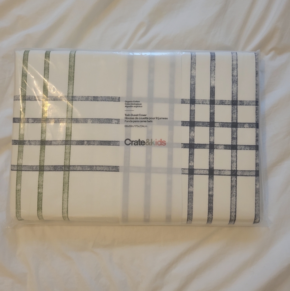 NWT Crate And Barrel Kids Organic Striped Twin Duvet Cover White Green Blue